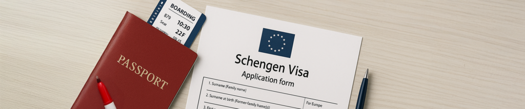 chengen visa application form with two passports and a boarding pass arranged on a wooden surface, illustrating EU travel document requirements.
